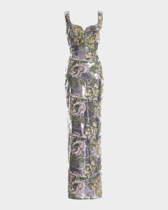 Goldie Floral-Embroidered Sequin Gown